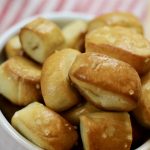Sourdough Pretzel Bites in a bowl on a striped towel
