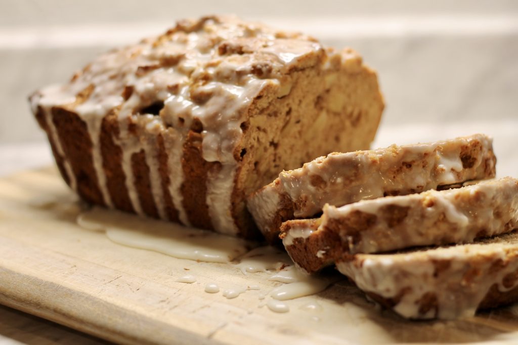 Sourdough Discard Apple Bread partially sliced